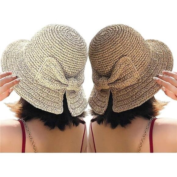 2Pack Women's Foldable Wide Brim Floppy Straw Sun Hat with Bowknot - Picture 1 of 6